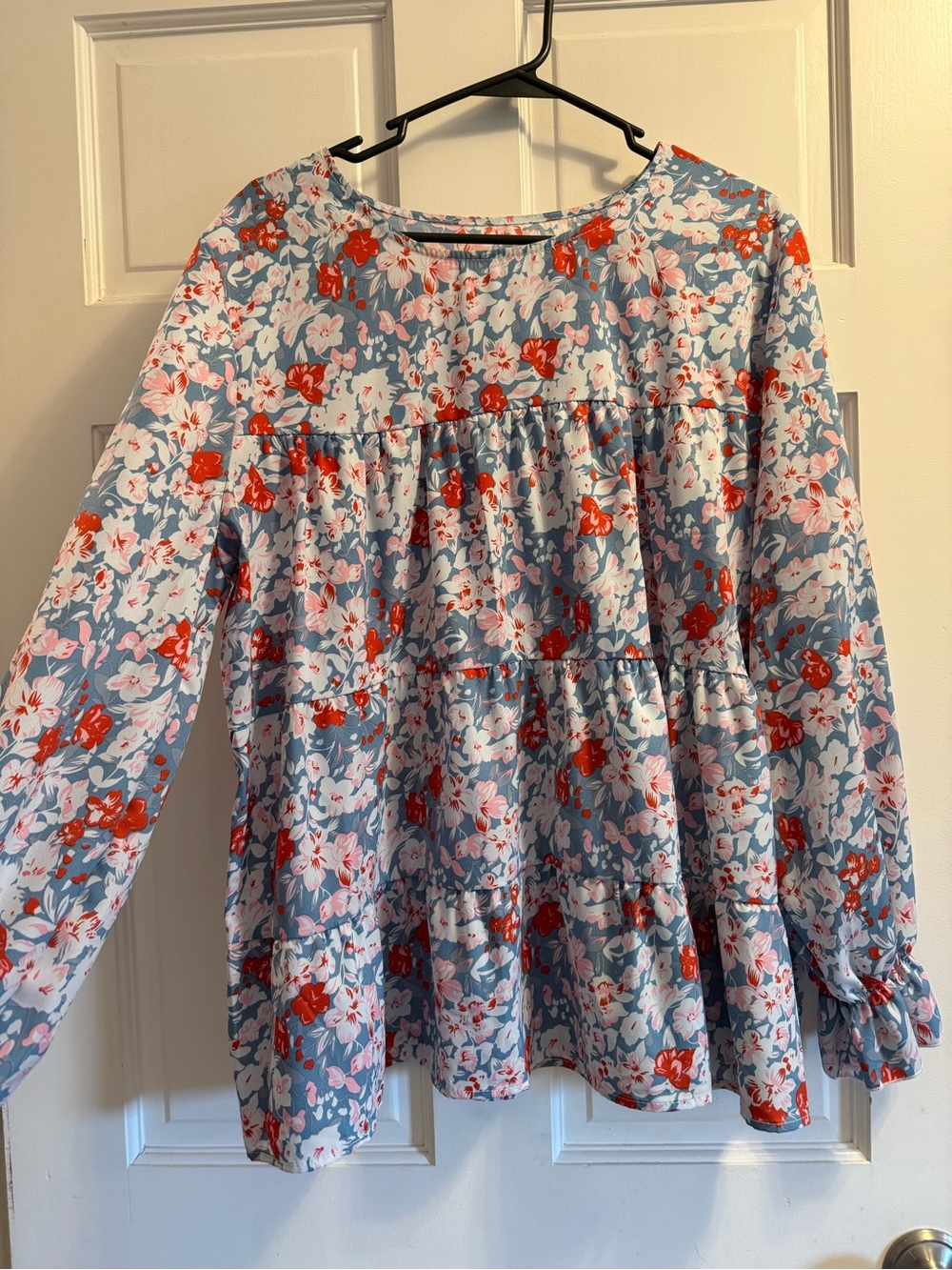 Girls' Floral Tiered Long-Sleeve Top - Blue with Red & Pink Flowers